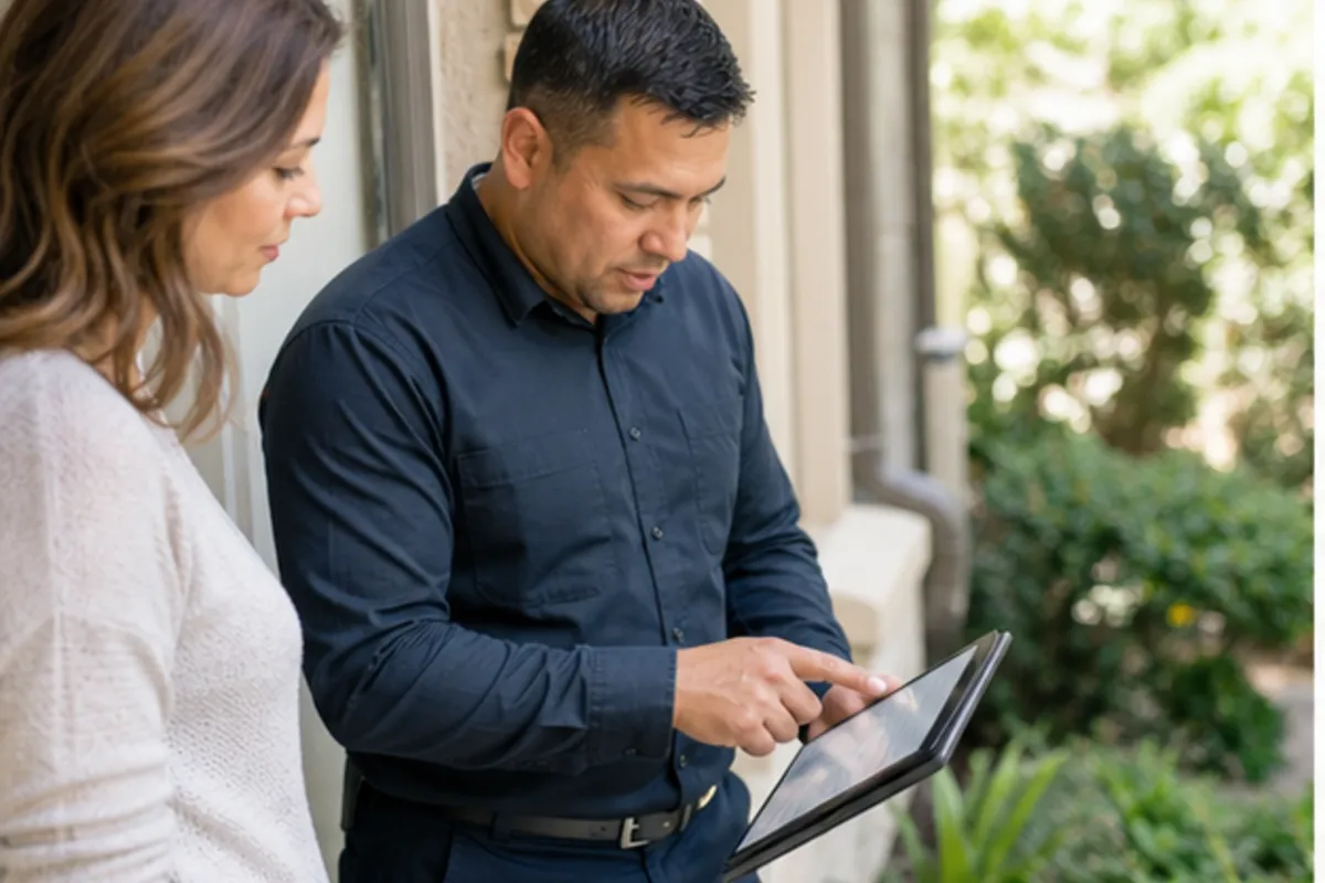 Houston pest-control technician reviewing a perimeter inspection record with a homeowner