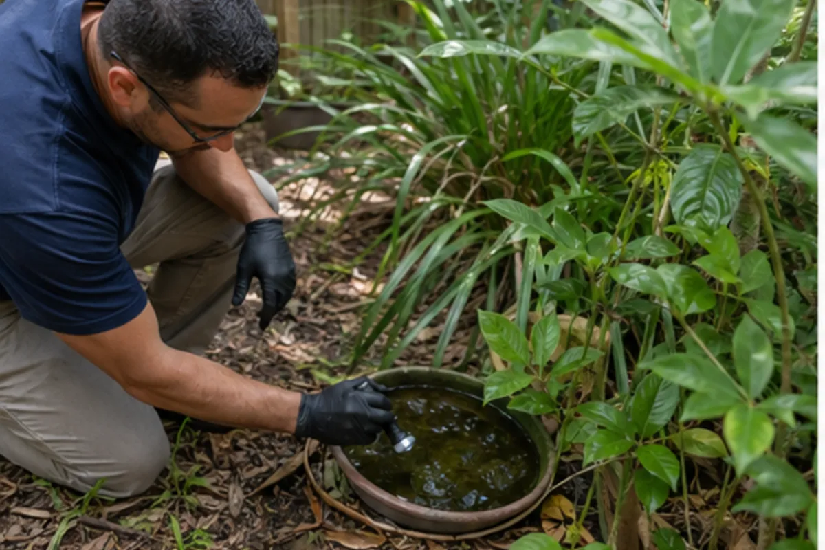 Houston yard mosquito habitat inspection around standing water and vegetation