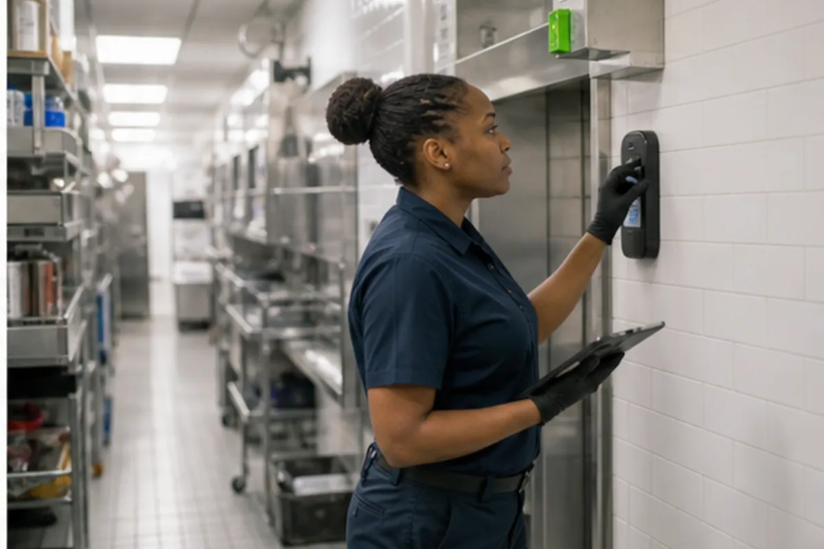 Commercial pest monitoring inspection in a clean Houston restaurant service corridor
